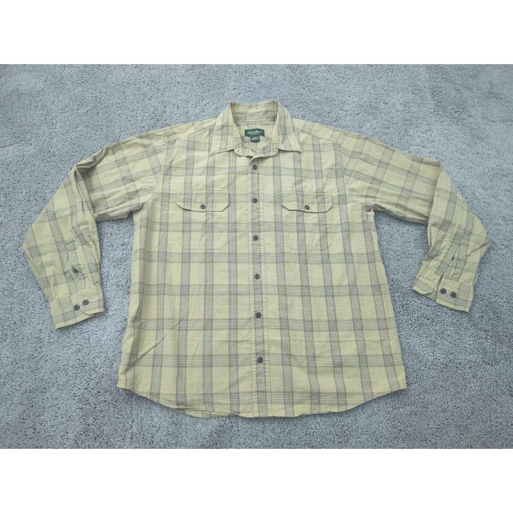 Eddie Bauer Button Up Shirt Mens Large Beige Plaid Long Sleeve Relaxed‎ Fit